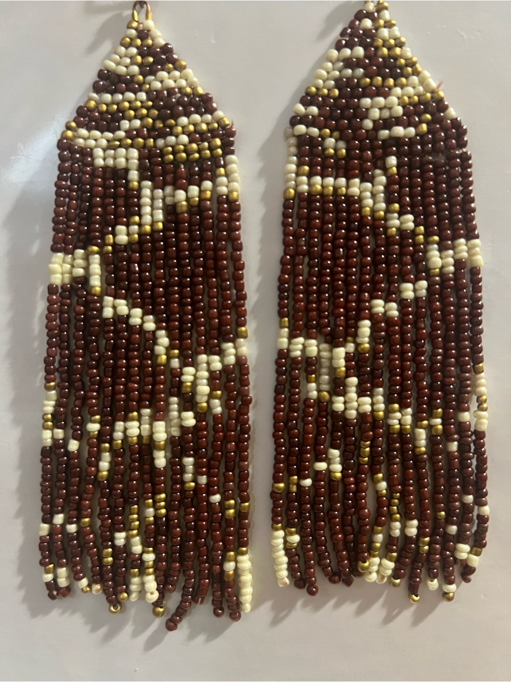 Brown and Cream Beaded Fringe Earrings — Elegant Boho Drop